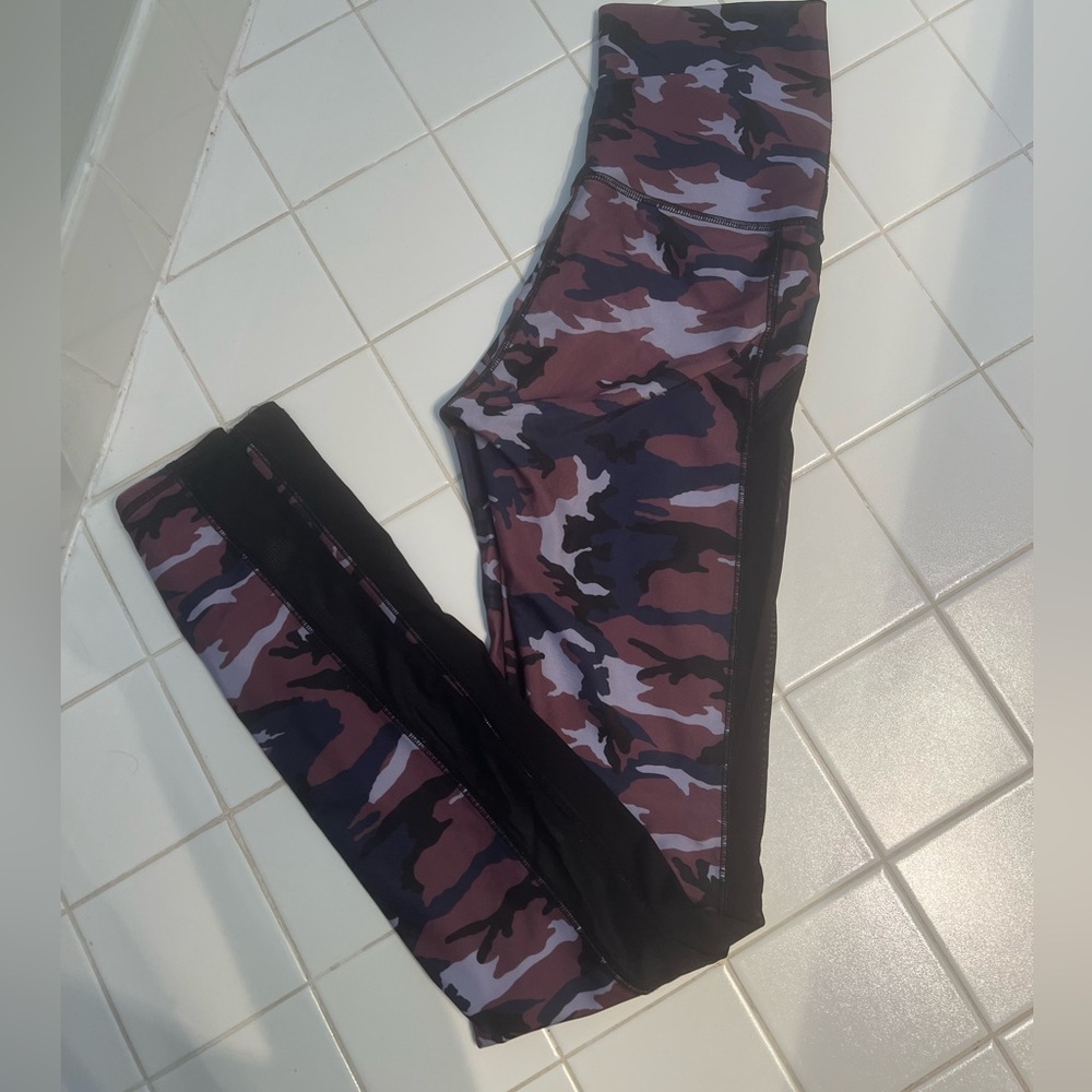 Purple and black cargo pattern full length workout leggings